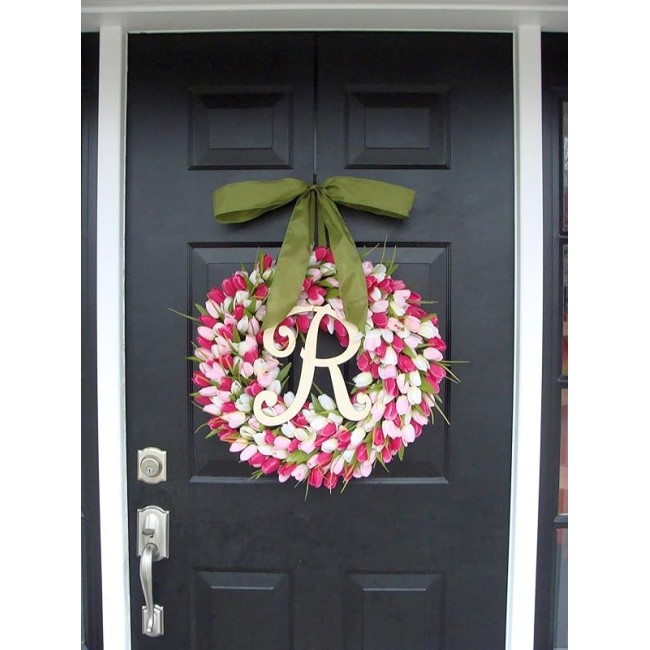 Elegant Holidays Silk Tulip Wreath w/Monogram- Decorative Home Décor- Indoor/Outdoor- Welcome Guests Spring, Summer with Front Door Wreaths- Great Easter Holiday Accent 16-26 inches