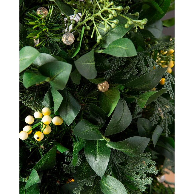 | Luxury Artificial Wreath | Prelit | White Berry Cypress | 28in | Equipped with LED Clear Lights | Easy Storage