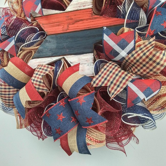 Red White Blue Wreaths For Front Door - Wreath, Farmhouse Fourth of July Independence Day Mesh Door Wreaths - Star Navy