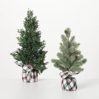  17.5" Cypress Trees in Plaid Gunny Sacks, Christmas Décor Trees, Holiday Decor, Christmas Tabletop Trees, Mantle Decor, Christmas Decorations
