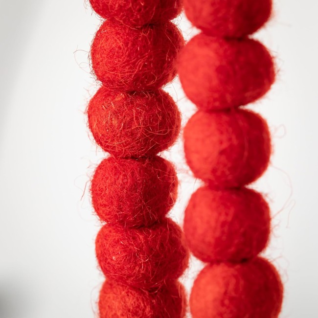  70" Ruby Red Wool Ball Garland, Boho Farmhouse Decor, Seasonal Holiday Decor, Perfect for Weddings, Fireplace Mantels, Dining and Living Room