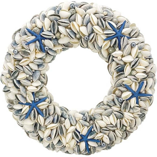 23" Nautical Seashell Wreath, Navy Blue | Coastal Beach Floral Home Decor Indoor Outdoor Real Starfish Pearl Seashells