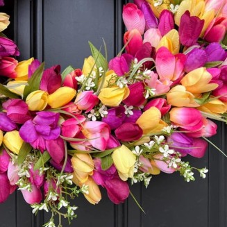24" Colorful Spring Tulip Flowers Wreath, Wall Hanging Artificial Flowers Decor, Decorative Wreath, 24 "W x 24 "H x 6 "D, Hanging Decorations for Home Porch (18" Diameter)