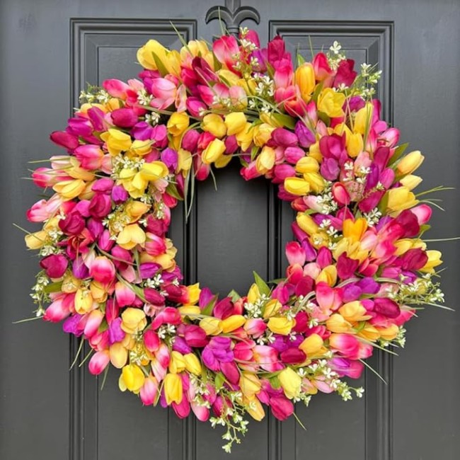 24" Colorful Spring Tulip Flowers Wreath, Wall Hanging Artificial Flowers Decor, Decorative Wreath, 24 "W x 24 "H x 6 "D, Hanging Decorations for Home Porch (18" Diameter)