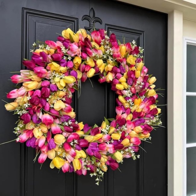 24" Colorful Spring Tulip Flowers Wreath, Wall Hanging Artificial Flowers Decor, Decorative Wreath, 24 "W x 24 "H x 6 "D, Hanging Decorations for Home Porch (18" Diameter)