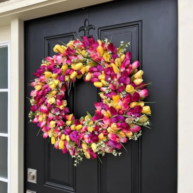 24" Colorful Spring Tulip Flowers Wreath, Wall Hanging Artificial Flowers Decor, Decorative Wreath, 24 "W x 24 "H x 6 "D, Hanging Decorations for Home Porch (18" Diameter)
