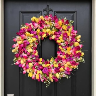 24" Colorful Spring Tulip Flowers Wreath, Wall Hanging Artificial Flowers Decor, Decorative Wreath, 24 "W x 24 "H x 6 "D, Hanging Decorations for Home Porch (16" Diameter)