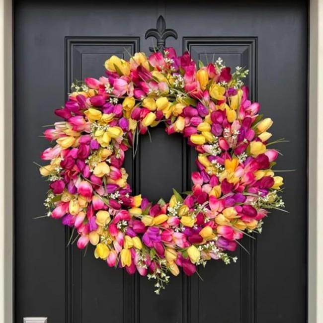24" Colorful Spring Tulip Flowers Wreath, Wall Hanging Artificial Flowers Decor, Decorative Wreath, 24 "W x 24 "H x 6 "D, Hanging Decorations for Home Porch (16" Diameter)