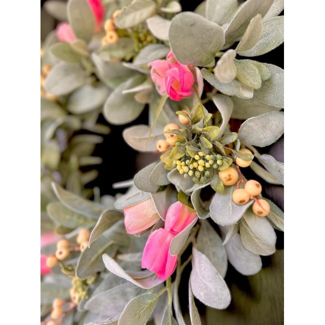 Elegant Spring Pink Tulips Wreath, Beautiful Farmhouse Wreath for Parties, Front Door, Birthday, Wedding, Staircase, Home, Wall, Window, Gift(20 inches)